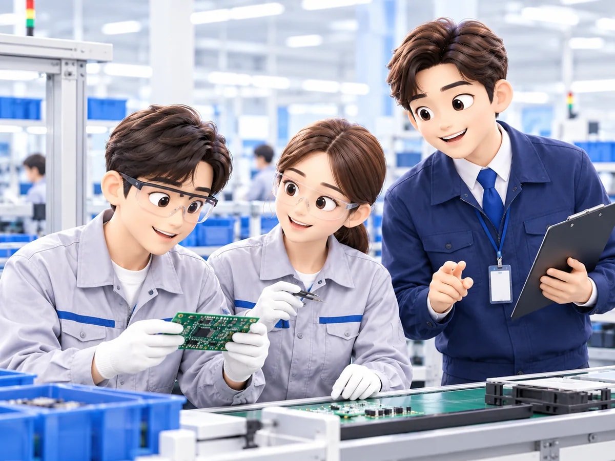 전자부품 라인에서 회로기판을 검사하는 근무자와 매니저
